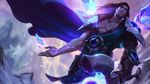  armor brown_hair cowboy_shot crystal dark from_below gem highres league_of_legends long_hair looking_at_viewer looking_down male_focus muscle official_art outstretched_arms shoulder_pads solo standing taric 