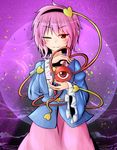  blouse blush eyeball hairband heart heart_of_string highres komeiji_satori long_sleeves one_eye_closed oshiaki pink_eyes pink_hair pink_skirt short_hair skirt solo third_eye touhou wide_sleeves 