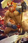  abs anthro bulge clothed clothing front_view fundoshi grin japanese_clothing league_of_legends looking_at_viewer male mammal monkey mumu202 muscular nipples partially_clothed pecs pose primate pubes signature sitting solo staff topless underwear video_games wukong 