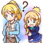  2girls ? ayase_eli ayase_eli_(cosplay) belt black_scrunchie blazer blonde_hair blue_eyes blue_skirt brown_skirt caucasian cosplay costume_switch crossover ellen_baker ellen_baker_(cosplay) green_eyes hair_ornament hair_scrunchie jacket kelinch1 look-alike love_live! love_live!_school_idol_project low_ponytail multiple_girls new_horizon non-asian open_clothes open_jacket otonokizaka_school_uniform pleated_skirt school_uniform scrunchie skirt skirt_tug 