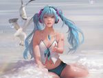  aqua_eyes aqua_hair arm_support beach bird day g-tz hatsune_miku jewelry jpeg_artifacts long_hair looking_at_viewer midriff navel open_mouth pendant realistic seagull shiny shiny_skin short_shorts shorts skindentation solo twintails vocaloid wet 