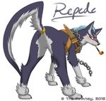  2015 black_nose blush butt canine chain cyan_eyes dog featureless_crotch feral fur looking_back male mammal pipe rear_view repede simple_background tales_of_vesperia tre_pinkney white_background 
