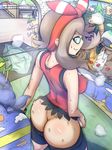  1girl ass ass_shake backboob bare_arms bike_shorts blush bow breasts brown_hair butt_crack erect_nipples from_behind glasses green-framed_glasses hair_bow haruka_(pokemon) highres holding large_breasts legs long_hair looking_back multicolored_eyes nekoshi parted_lips pokeball pokemon sleeveless smile solo standing sweat thighs 