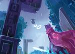  animal_ears black_legwear cape commentary from_behind hyper_light_drifter night_(nightmargin) outdoors rain red_cape ruins sword the_drifter tree weapon 