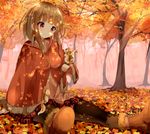  1girl animal arm_up autumn blonde_hair blurry blush boots breasts button cape cross-laced_footwear female fog forest fringe fur hamaru head_tilt lacing leaf leaves looking_away nature original pantyhose plaid_skirt plant pleated_skirt red_eyes short_hair sitting sitting_on_person skirt smile solo squirrel sunlight tree 