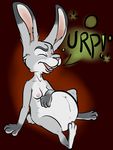  2016 absurd_res anthro areola belly big_belly breasts burping digestion digital_media_(artwork) disney english_text female fur grey_fur hi_res judy_hopps lagomorph lanoya_(artist) long_ears mammal nipples nude open_mouth overweight post_vore rabbit simple_background smile soft_vore solo teeth text tongue tongue_out vore white_fur zootopia 