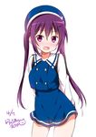  alternate_costume arms_behind_back backpack bag beret blush cosplay embarrassed gochuumon_wa_usagi_desu_ka? hair_ornament hairclip hat kafuu_chino kafuu_chino's_school_uniform kafuu_chino_(cosplay) long_hair looking_at_viewer open_mouth purple_eyes purple_hair ragho_no_erika school_uniform simple_background single_stripe solo standing sweatdrop tedeza_rize twintails wavy_mouth white_background 