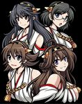  :o bare_shoulders black_background blue_eyes breasts commentary_request detached_sleeves grin hairband haruna_(kantai_collection) headgear hiei_(kantai_collection) kantai_collection kirishima_(kantai_collection) kongou_(kantai_collection) large_breasts looking_at_viewer macaroni_and_cheese multiple_girls nontraditional_miko smile upper_body 