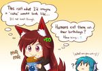  :3 :t ? animal_ear_fluff animal_ears blue_hair brown_hair commentary damage_numbers dress eating english gameplay_mechanics head_fins imaizumi_kagerou long_hair md5_mismatch mg_mg multiple_girls red_eyes simple_background tail team_fortress_2 thought_bubble touhou upper_body very_long_hair wakasagihime wolf_ears wolf_tail wool_(miwol) |_| 