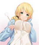  blonde_hair blue_gk blue_jacket blush breasts closed_mouth ellen_baker from_below green_eyes hair_ornament hair_over_shoulder hair_scrunchie hand_in_hair hand_up holding jacket large_breasts long_sleeves looking_at_viewer looking_down low_ponytail mimikaki new_horizon open_clothes open_jacket scrunchie shirt simple_background smile solo tareme upper_body white_background white_shirt wide_sleeves 