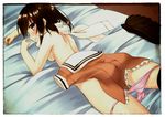  arms_up bed bed_sheet black_legwear blush border breasts brown_eyes brown_hair clenched_teeth clothes_around_waist heart heart-shaped_pupils jacket_around_waist kantai_collection looking_at_viewer lying medium_breasts on_bed on_stomach open_mouth panties panty_pull pink_panties sailor_collar scarf sendai_(kantai_collection) short_hair short_sleeves sideboob sidelocks solo sweat sweatdrop symbol-shaped_pupils teardrop tears teeth thighhighs thighs topless underwear white_border white_scarf zero_(miraichizu) 