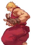  blonde_hair clenched_hand dougi fighting_stance fingerless_gloves fl_(l-fl) gloves ken_masters male_focus muscle sketch solo street_fighter white_background 