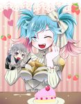  1girl armor blue_hair blush boots bow cake chibi closed_eyes fire_emblem fire_emblem_if food fruit gloves grey_hair hair_over_one_eye hairband lazward_(fire_emblem_if) multicolored_hair open_mouth pieri_(fire_emblem_if) pink_hair purple_eyes shira_yu_ki strawberry twintails two-tone_hair 