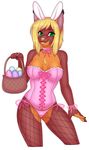  2016 anthro blonde_hair breasts brown_fur bunny_costume cleavage clothed clothing corset crossgender easter egg feline female fishnet fur green_eyes hair holidays kitsunewaffles-chan legwear lingerie long_hair looking_at_viewer mammal panties rayke simple_background skimpy solo standing stockings underwear wide_hips 