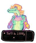  bratty breasts clothed clothing crocodile english_text female hair looking_at_viewer monster presenting reptile scales scalie simple_background solo text undertale video_games 