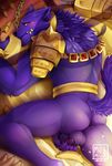  2015 anthro anus armor balls banana belt better_version_at_source blush butt canine chain flaccid food fruit fur hi_res league_of_legends looking_back lying male mammal mostly_nude mumu202 muscular muscular_male on_front penis penis_grab precum purple_fur red_eyes solo teeth unconvincing_armor video_games warwick wolf 
