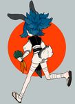  animal_ears ankle_wrap bandages blue_hair bunny_ears bunny_tail carrot from_behind japanese_clothes kemonomimi_mode l_hakase male_focus running sandals sayo_samonji shorts simple_background solo tail touken_ranbu 