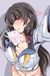  :p black_hair blush breasts commentary_request covered_nipples gloves hair_ornament hair_ribbon heart highres holding holding_paper isokaze_(kantai_collection) kanbayashi_chiko kantai_collection large_breasts long_hair long_sleeves looking_at_viewer no_panties no_pants out-of-frame_censoring paper red_eyes ribbon school_uniform serafuku shadow simple_background smile solo tongue tongue_out translation_request tress_ribbon white_gloves 
