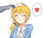  ^_^ akikan_smile bad_id bad_twitter_id black_scrunchie blonde_hair blush caucasian closed_eyes ellen_baker hair_ornament hair_scrunchie happy heart highres jacket low_ponytail new_horizon non-asian open_clothes open_jacket out_of_frame petting scrunchie smile solo_focus spoken_heart 