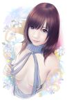  1girl bangs bare_shoulders breasts brown_eyes brown_hair drawstring dress flower grey_sweater halterneck highres lips long_hair looking_at_viewer medium_breasts meme_attire naked_sweater no_bra portrait real_life ribbed_sweater sakkan smile solo sweater sweater_dress turtleneck turtleneck_sweater virgin_killer_sweater 