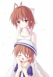  ^_^ antenna_hair brown_eyes brown_hair child clannad closed_eyes commentary_request dizzyworld2 dress furukawa_nagisa hair_ribbon hat mother_and_child mother_and_daughter motherly multiple_girls okazaki_ushio open_mouth ribbon short_hair skirt smile white_dress 