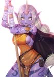  armlet bad_id bad_pixiv_id breasts cape earrings hanato_(seonoaiko) horn jewelry large_breasts league_of_legends long_hair looking_at_viewer open_mouth pointy_ears ponytail pouch purple_skin sideboob solo soraka staff standing tattoo watermark white_background white_hair wrist_wrap yellow_eyes 
