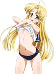  ahoge asia_argento blonde_hair blush breasts buruma extraction green_eyes high_school_dxd highres long_hair medium_breasts navel open_mouth solo sweatdrop transparent_background underboob undressing 