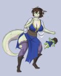  2017 animal_humanoid big_breasts blush breasts brown_hair cleavage clothed clothing doll dragon_humanoid female hair horn humanoid humanoid_to_anthro short_hair simple_background solo standing surprise thatweirdguyjosh transformation wide_hips 