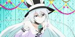  1girl animated animated_gif detached_sleeves dress hat long_hair pandora_hearts rabbit_ears tophat white_hair will_of_the_abyss wink 