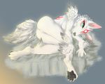 1oi 2019 absurd_res amaterasu anthro arm_tuft blue_eyes blush breasts canid canine canis capcom cloth deity digital_media_(artwork) eye_markings facial_markings female fur hi_res looking_at_viewer lying mammal markings nipples nude pawpads pussy simple_background smile solo video_games white_fur wolf ōkami 