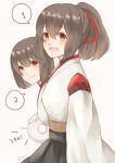  2girls :d bangs black_hakama black_undershirt blush brown_hair closed_mouth commentary_request detached_sleeves enemy_lifebuoy_(kantai_collection) eyebrows_visible_through_hair hair_between_eyes hair_ribbon hakama hakama_skirt hyuuga_(kantai_collection) ise_(kantai_collection) japanese_clothes kantai_collection kimono long_hair looking_at_viewer motion_lines multiple_girls open_mouth pleated_skirt ponytail red_eyes red_ribbon ribbon round_teeth shinkaisei-kan short_hair simple_background skirt smile speech_bubble spoken_number teeth undershirt upper_body white_kimono yuzu_(kimagure_kankitsurui) 