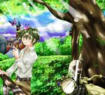  1girl androgynous artist_request butterflies butterfly grass green_eyes green_hair hermes kino kino_no_tabi motorcycle short_hair solo town trees vehicle 