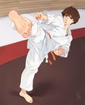  barefoot blue_eyes brown_hair clenched_hands feet feguimel fighting_stance highres karate kicking lips original pov_feet short_hair soles solo toenails toes watermark 