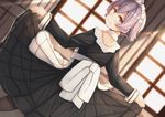  ahoge alternate_costume apron blurry blush bow depth_of_field hair_between_eyes kantai_collection long_sleeves looking_at_viewer looking_back maid maid_apron maid_headdress pantyhose plan_(planhaplalan) purple_hair sakawa_(kantai_collection) short_hair skirt_hold smile solo sunlight window yellow_eyes 