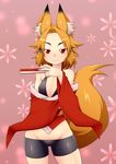  abstract_background animal_humanoid blush canine clothed clothing female fox fox_humanoid fox_tail hair humanoid japanese_clothing kimono looking_at_viewer mammal orange_hair pose red_eyes skimpy smile solo tight_clothing zin0929 