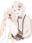  ahoge animal_ears bad_id bad_pixiv_id blush bow bowtie dog dog_ears dogboy ensemble_stars! full_body green_eyes highres himemiya_touri kneehighs male_focus open_mouth pink_hair plaid plaid_shorts shorts sidelocks smile socks suspenders white_legwear yastaka 