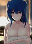  blue_eyes blue_hair breasts cleavage covering double_bun highres kantai_collection large_breasts long_hair nude_cover onsen smile solo takeichi_yui towel urakaze_(kantai_collection) wet 