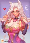  animal_ears ashe_(league_of_legends) blue_eyes blush breasts cat_ears cat_tail cleavage collarbone cowboy_shot curly_hair dress heart heartseeker_ashe large_breasts league_of_legends long_hair looking_at_viewer patreon_username pink_dress purple_background simple_background solo songjikyo tail upper_body watermark white_hair 