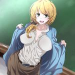  black_scrunchie blonde_hair breasts breasts_apart caucasian ellen_baker green_eyes hair_ornament hair_scrunchie large_breasts long_hair looking_at_viewer low_ponytail nakahira_guy new_horizon non-asian open_clothes open_mouth scrunchie sketch smile solo 