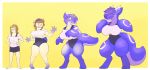  2019 anthro big_breasts big_thighs blonde_hair breast_expansion breasts dragon female growth hair happy human human_to_anthro mammal open_mouth purple_hair secta sequence simple_background smile solo standing subakitsu transformation 