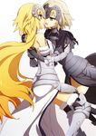 armor bare_shoulders blonde_hair blue_eyes breasts capelet chain dual_persona fate/grand_order fate_(series) fur_trim gauntlets greaves headpiece hug imminent_kiss jeanne_d'arc_(alter)_(fate) jeanne_d'arc_(fate) jeanne_d'arc_(fate)_(all) long_hair medium_breasts multiple_girls oiun open_mouth parted_lips selfcest short_hair thighhighs yellow_eyes yuri 