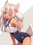  ;d animal_ear_fluff animal_ears bad_id bad_pixiv_id blue_eyes blush crop_top flower gloves hair_flower hair_ornament kantai_collection kemonomimi_mode long_hair looking_at_viewer one-piece_swimsuit one_eye_closed open_mouth paw_gloves paw_pose paws ro-500_(kantai_collection) sailor_collar school_swimsuit shugao simple_background smile solo swimsuit swimsuit_under_clothes tail tan tanline wolf_ears wolf_tail 