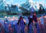  androgynous animal blue_eyes commentary_request day flock flower from_side grass highres kneeling lupinus_(flower) mountain multiple_girls nature original outdoors petting profile scenery sheep sky standing sumi_(pixiv619693) tree 