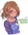  blush brown_hair copyright_name dark_skin glasses looking_at_viewer maru_(stardew_valley) momoko_(momopoco) overalls purple_eyes semi-rimless_eyewear short_hair smile solo stardew_valley 