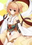  andira_(granblue_fantasy) animal_ears antenna_hair blonde_hair blush breasts cloud detached_leggings detached_sleeves erune flying_nimbus granblue_fantasy highres looking_at_viewer monkey_ears monkey_tail orange_hair red_eyes short_hair sitting small_breasts solo tail tanakahazime 