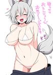  :d ^_^ amisu animal_ears arms_behind_back bare_shoulders blush bra breasts cleavage closed_eyes commentary_request cowboy_shot facing_viewer fang hat heart impossible_clothes impossible_underwear inubashiri_momiji large_breasts navel nose_blush open_mouth panties pleated_skirt short_hair silver_hair skirt skirt_removed smile solo tail tail_wagging tokin_hat touhou translation_request underwear undressing white_bra white_panties wolf_ears wolf_tail 