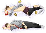  1boy abs ass barefoot blush dakimakura doujima_ryoutarou drunk facial_hair full_body looking_at_viewer muscle necktie persona persona_4 restrained socks solo sweat underwear undressing 