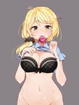  artist_name bangs black_bra black_scrunchie blonde_hair blue_shirt blush bottomless bow bow_bra bra breasts caucasian cleavage condom condom_in_mouth condom_wrapper ellen_baker eyebrows goyain groin hair_ornament hair_scrunchie heart heart-shaped_pupils highres large_breasts lifted_by_self looking_at_viewer low_ponytail mouth_hold navel new_horizon non-asian out-of-frame_censoring scrunchie shirt shirt_lift short_sleeves simple_background solo strapless strapless_bra sweat symbol-shaped_pupils underwear yellow_eyes 