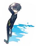  1girl androgynous artist_request black_eyes black_hair covering_face hand_covering_face kino kino_no_tabi looking_away multi_color_shadow pouch_bags shadow short_hair simple_background solo standing tagme white_background 