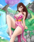  1girl alternate_color alternate_costume alternate_hairstyle bare_shoulders breasts brown_eyes brown_hair capcom china_dress chun-li cleavage curvy large_breasts long_hair looking_at_viewer pink_dress player_2 sitting solgryn solo street_fighter street_fighter_v thick_thighs wide_hips 